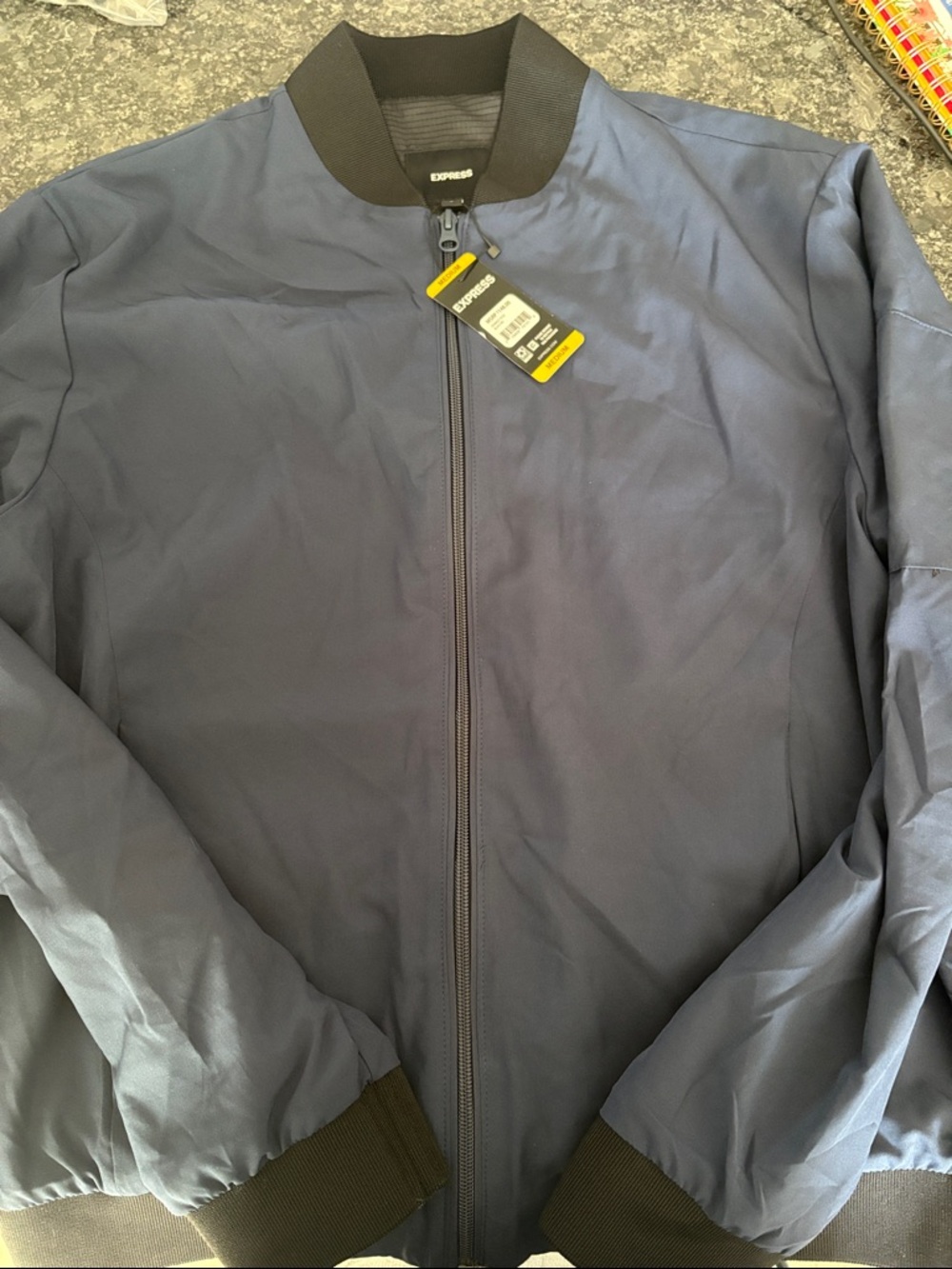 Express Men's Navy Bomber Jacket with Black Ribbed Trim